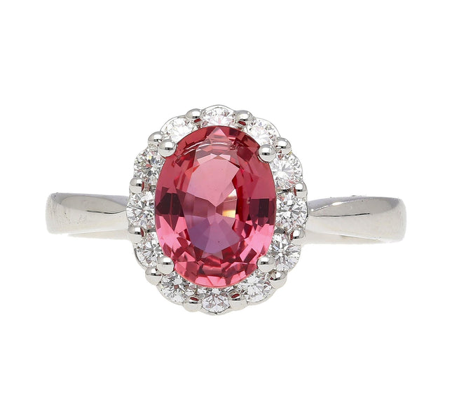 1.81 Carat Oval Cut Padparadscha Sapphire Round Diamond Halo Ring 18K White Gold Madagascar No Heat-Time and Carat
