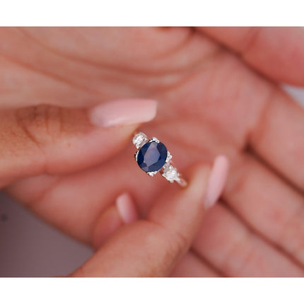 1.85 Carat Oval Blue Sapphire Round Diamond Three Stone Ring-Time and Carat