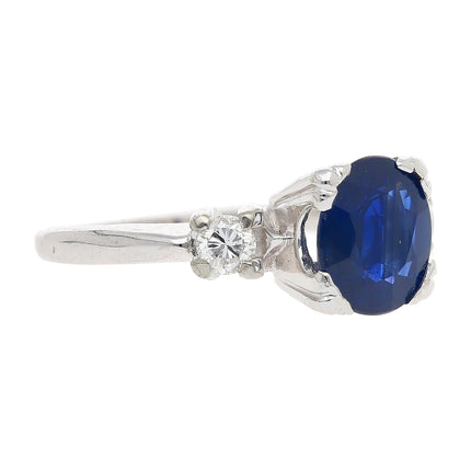 1.85 Carat Oval Blue Sapphire Round Diamond Three Stone Ring-Time and Carat