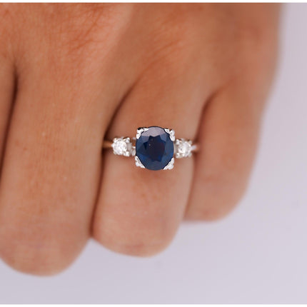 1.85 Carat Oval Blue Sapphire Round Diamond Three Stone Ring-Time and Carat