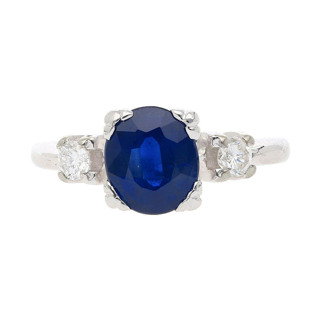 1.85 Carat Oval Blue Sapphire Round Diamond Three Stone Ring-Time and Carat