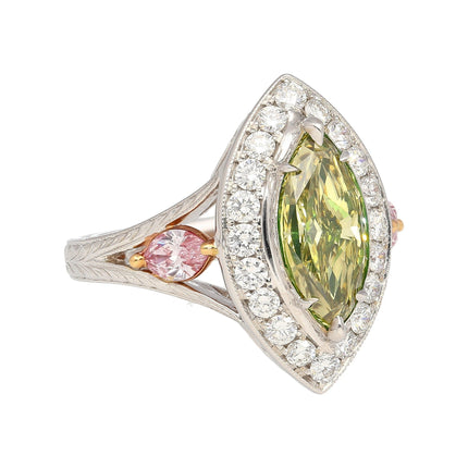 1.92 Carat Marquise Fancy Deep Brownish Greenish Yellow Diamond Halo Ring Art Deco-Time and Carat