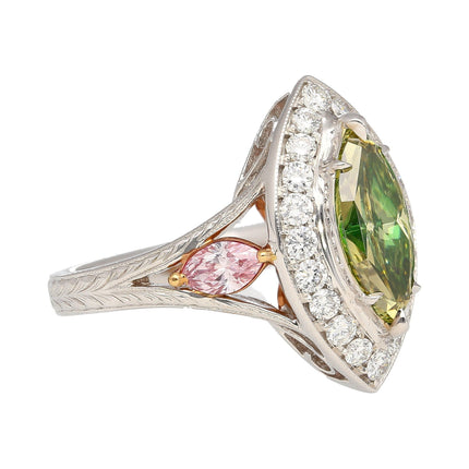 1.92 Carat Marquise Fancy Deep Brownish Greenish Yellow Diamond Halo Ring Art Deco-Time and Carat