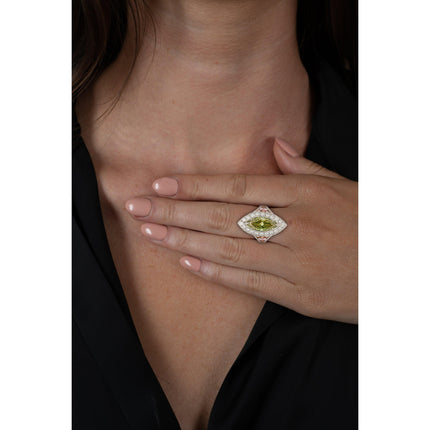 1.92 Carat Marquise Fancy Deep Brownish Greenish Yellow Diamond Halo Ring Art Deco-Time and Carat