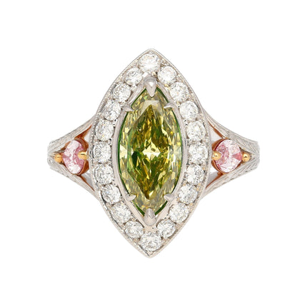 1.92 Carat Marquise Fancy Deep Brownish Greenish Yellow Diamond Halo Ring Art Deco-Time and Carat