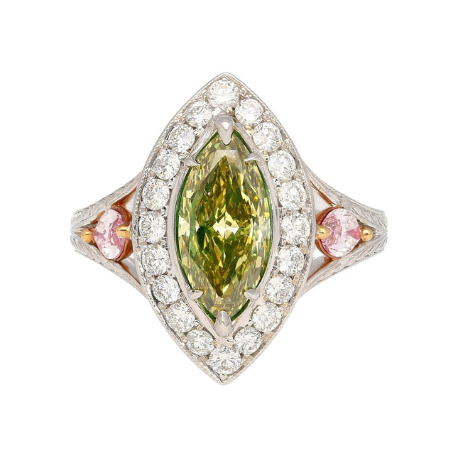 1.92 Carat Marquise Fancy Deep Brownish Greenish Yellow Diamond Halo Ring Art Deco-Time and Carat