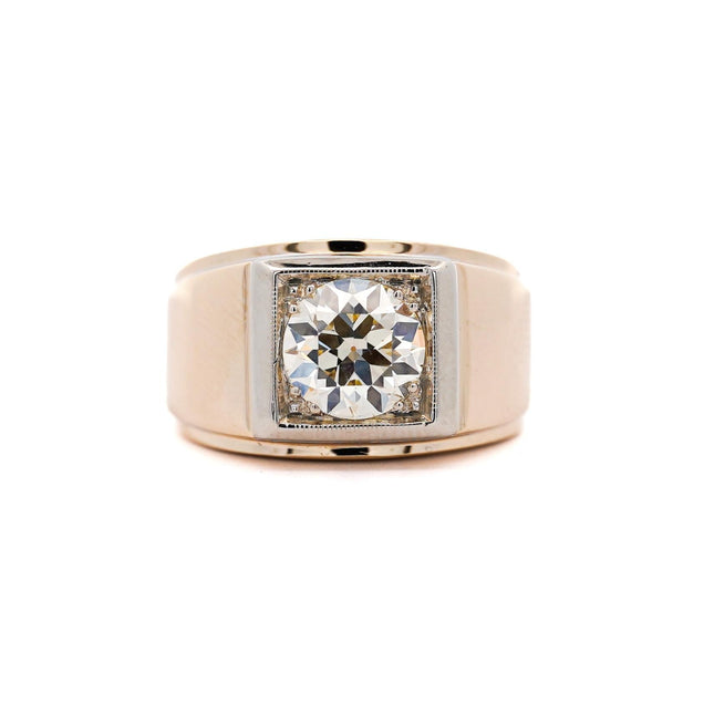 2 Carat Round Brilliant Diamond Solitaire Mens Ring Bezel Set Milgrain 14K Yellow Gold-Time and Carat