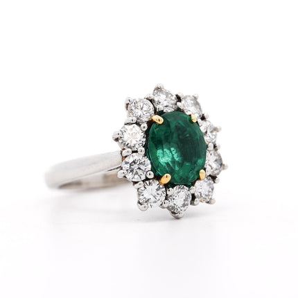 2.69ct Vivid Green Emerald Diamond Platinum Cluster Ring | GRS