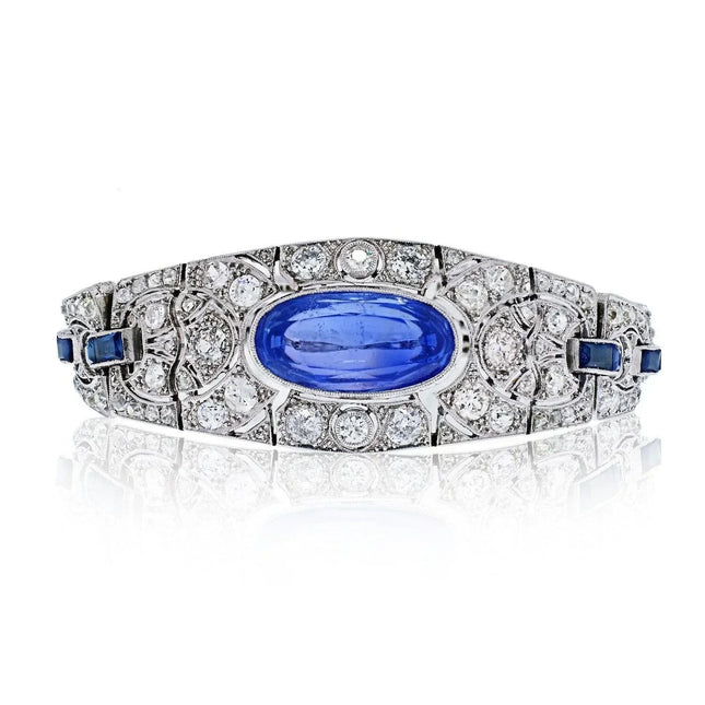20 Carat Oval Cut Ceylon Cornflower Blue Sapphire Diamond Art Deco Bracelet Bucherer Platinum 18K Gold-Time and Carat