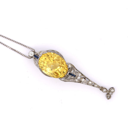 20 Carat Oval Cut Ceylon Yellow Sapphire Diamond Blue Sapphire Art Deco Pendant Platinum-Time and Carat
