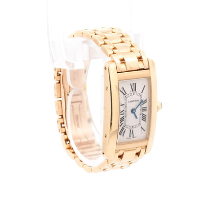 20 x 35mm Cartier Tank American Quartz Yellow Gold Ladies Watch Blue Cabochon Crown Bracelet Vintage-Time and Carat