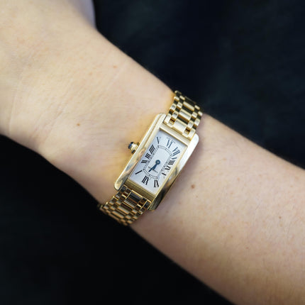 20 x 35mm Cartier Tank American Quartz Yellow Gold Ladies Watch Blue Cabochon Crown Bracelet Vintage-Time and Carat