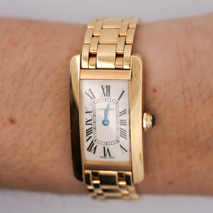 20 x 35mm Cartier Tank American Quartz Yellow Gold Ladies Watch Blue Cabochon Crown Bracelet Vintage-Time and Carat