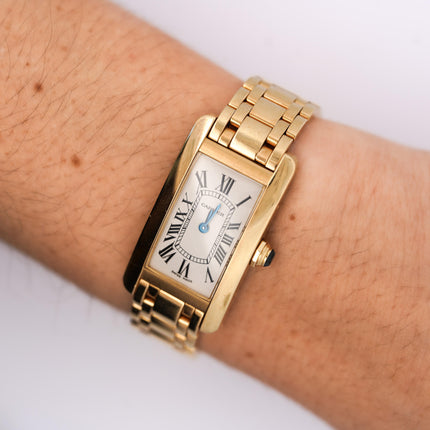 20 x 35mm Cartier Tank American Quartz Yellow Gold Ladies Watch Blue Cabochon Crown Bracelet Vintage-Time and Carat