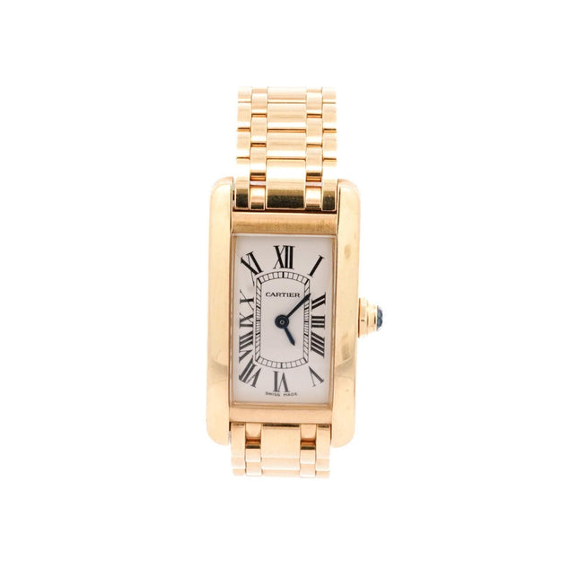 20 x 35mm Cartier Tank American Quartz Yellow Gold Ladies Watch Blue Cabochon Crown Bracelet Vintage-Time and Carat
