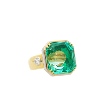 22.18 Carat Octagonal Colombian Emerald Diamond Three Stone Ring-Time and Carat