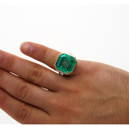 22.18 Carat Octagonal Colombian Emerald Diamond Three Stone Ring-Time and Carat