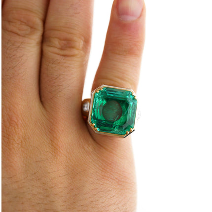 22.18 Carat Octagonal Colombian Emerald Diamond Three Stone Ring-Time and Carat