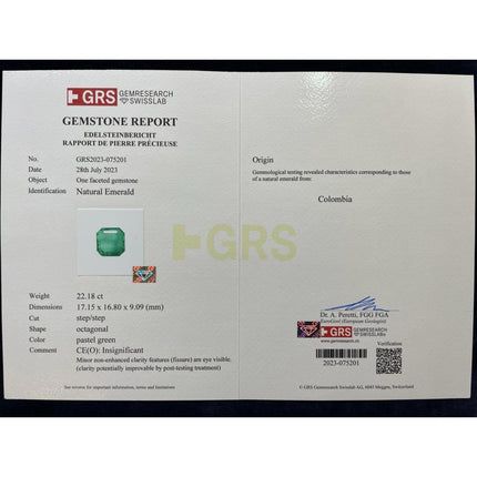 22.18 Carat Octagonal Colombian Emerald Diamond Three Stone Ring-Time and Carat