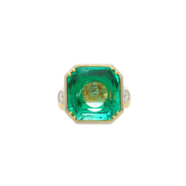 22.18 Carat Octagonal Colombian Emerald Diamond Three Stone Ring-Time and Carat