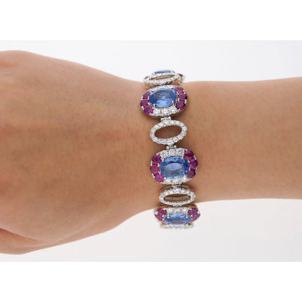 23.72 Carat Oval Cut No Heat Ceylon Blue Sapphire Diamond Ruby Link Bracelet-Time and Carat