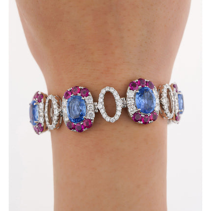 23.72 Carat Oval Cut No Heat Ceylon Blue Sapphire Diamond Ruby Link Bracelet-Time and Carat