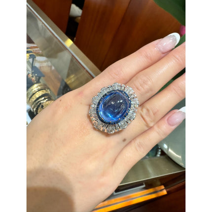 26.47 Carat Oval Cabochon Blue Sapphire Diamond Cluster Dome Ring-Time and Carat