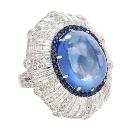 26.47 Carat Oval Cabochon Blue Sapphire Diamond Cluster Dome Ring-Time and Carat