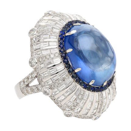 26.47 Carat Oval Cabochon Blue Sapphire Diamond Cluster Dome Ring-Time and Carat