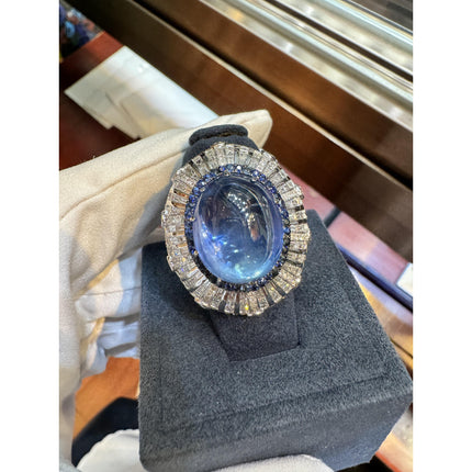 26.47 Carat Oval Cabochon Blue Sapphire Diamond Cluster Dome Ring-Time and Carat