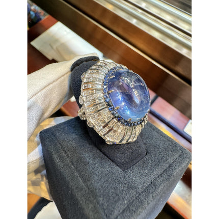 26.47 Carat Oval Cabochon Blue Sapphire Diamond Cluster Dome Ring-Time and Carat