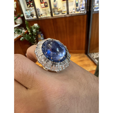 26.47 Carat Oval Cabochon Blue Sapphire Diamond Cluster Dome Ring-Time and Carat