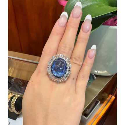 26.47 Carat Oval Cabochon Blue Sapphire Diamond Cluster Dome Ring-Time and Carat
