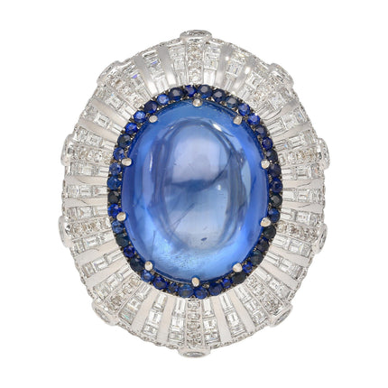 26.47 Carat Oval Cabochon Blue Sapphire Diamond Cluster Dome Ring-Time and Carat