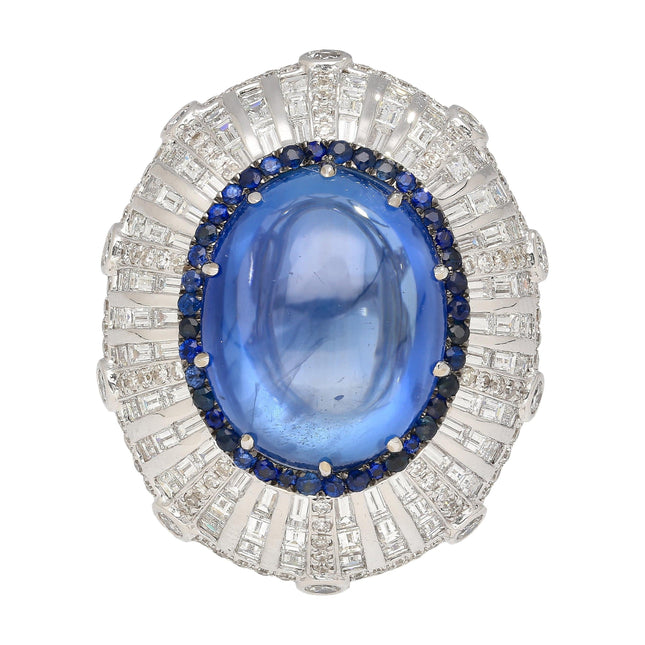 26.47 Carat Oval Cabochon Blue Sapphire Diamond Cluster Dome Ring-Time and Carat