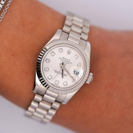 26mm Rolex DateJust President Automatic Factory Diamond Hour Markers 18K White Gold Ladies Watch-Time and Carat