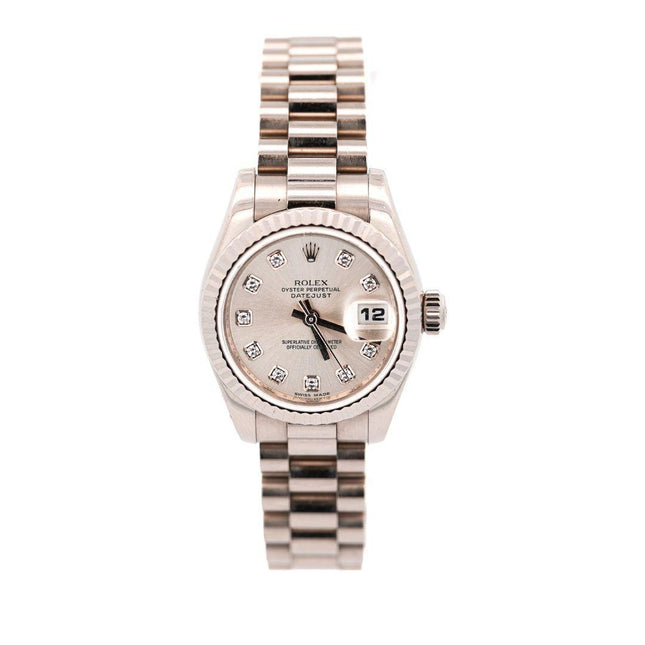26mm Rolex DateJust President Automatic Factory Diamond Hour Markers 18K White Gold Ladies Watch-Time and Carat