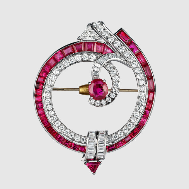 2.0 Carat Oval Cut Burma Ruby Diamond Art Deco Spiral Brooch No Heat Platinum 14K Gold-Time and Carat