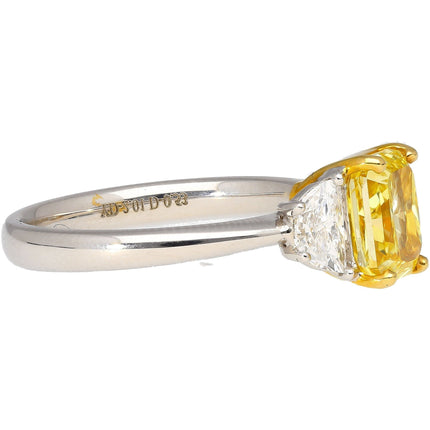 2.01 Carat Radiant Cut Fancy Vivid Yellow Diamond Half Moon Diamond Three Stone Ring 18K White Yellow Gold-Time and Carat