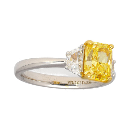 2.01 Carat Radiant Cut Fancy Vivid Yellow Diamond Half Moon Diamond Three Stone Ring 18K White Yellow Gold-Time and Carat