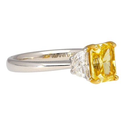 2.01 Carat Radiant Cut Fancy Vivid Yellow Diamond Half Moon Diamond Three Stone Ring 18K White Yellow Gold-Time and Carat