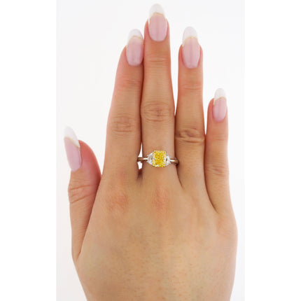 2.01 Carat Radiant Cut Fancy Vivid Yellow Diamond Half Moon Diamond Three Stone Ring 18K White Yellow Gold-Time and Carat