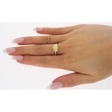 2.01 Carat Radiant Cut Fancy Vivid Yellow Diamond Half Moon Diamond Three Stone Ring 18K White Yellow Gold-Time and Carat