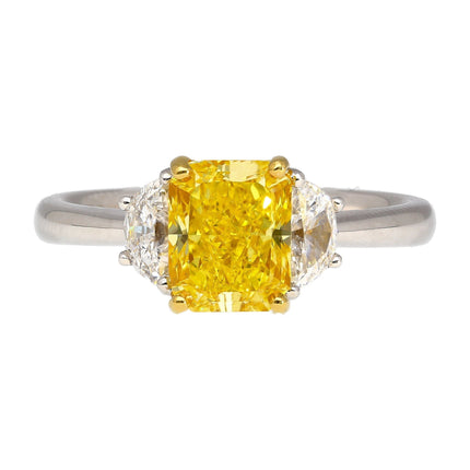 2.01 Carat Radiant Cut Fancy Vivid Yellow Diamond Half Moon Diamond Three Stone Ring 18K White Yellow Gold-Time and Carat