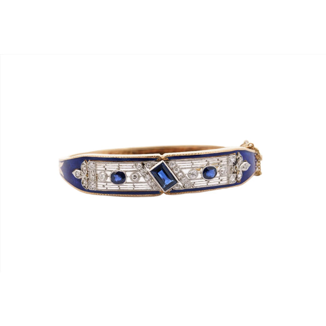 2.08 Carat Emerald Cut Blue Sapphire Diamond Art Deco Bangle Bracelet Blue Enamel Platinum 14K Gold-Time and Carat