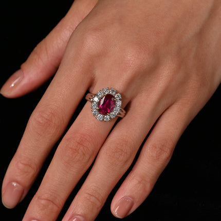 2.09 Carat Oval Cut Burma Ruby No Heat GRS Certified & Diamond Halo Platinum Ring
