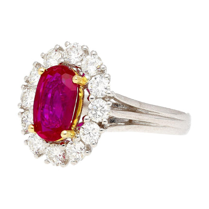 2.09 Carat Oval Cut No Heat Burma Ruby Diamond Halo Ring Platinum Yellow Gold-Time and Carat