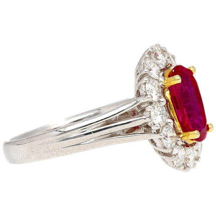 2.09 Carat Oval Cut No Heat Burma Ruby Diamond Halo Ring Platinum Yellow Gold-Time and Carat