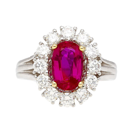 2.09 Carat Oval Cut No Heat Burma Ruby Diamond Halo Ring Platinum Yellow Gold-Time and Carat