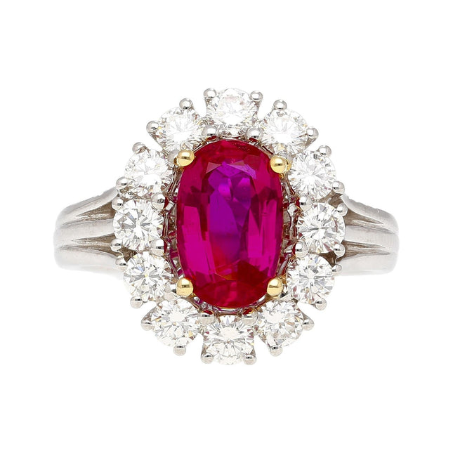 2.09 Carat Oval Cut No Heat Burma Ruby Diamond Halo Ring Platinum Yellow Gold-Time and Carat